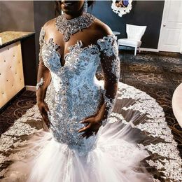Luxurious Crystal Sheer Neck Mermaid Wedding Dresses Jewel Neck Long Sleeve Lace Appliques Long Train Wedding Gowns Plus Size Brid273Y