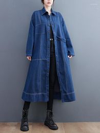 Women's Trench Coats Denim Patchwork Blue Vintage Oversized Long Coat For Women Clothes Casual Loose Outerwear Fashion Autumn Winter 2023