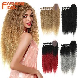 Synthetic Wigs Afro Kinky Curly Hair Bundles with Closure Ombre Blonde 30inch Soft Long Synthetic Weave 230227