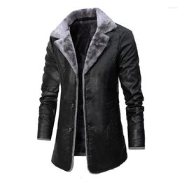 Men's Trench Coats Arrived 2023 Men Winter Leather Jacket Lapel Fleece Motor Biker Business Casual Long Faux