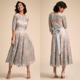 BHLDN Mother Of The Bride Dresses Jewel Neck Lace Appliqued Tea Length Half Long Sleeve Evening Gowns Plus Size Prom Dress Party W220S