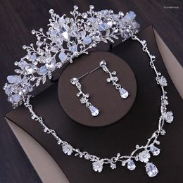 Hair Clips Luxury Silver Color Bridal Jewelry Set Rhinestone Pageant Tiara Crown Necklace Earring For Women Bride Wedding