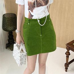 Skirts Green Corduroy A-line Skirt For Women Slim Commuter Miniskirt