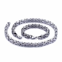 5mm 6mm 8mm wide Silver Stainless Steel King Byzantine Chain Necklace Bracelet Mens Jewellery Handmade336I