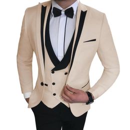 Suit Men 3 Pieces Slim Fit Business Casual Notched Lapel Groomsmen Beige Black Grey Tuxedo for Wedding Jacket Vest Pants 250q