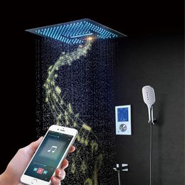 luxury el shower column 16 Inches high flow waterfall led rainshowers 3 way thermostatic digital diverter valve music bathroom 273x