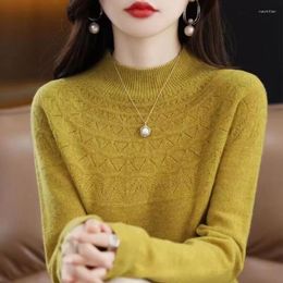 Women's Sweaters Half High Collar Hollow Pullover Knitted Sweater Women Korean Fashion Autumn Winter Long Sleeve Yellow Loose Top