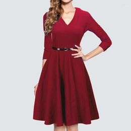 Casual Dresses Women Vintage Elegant V Neck 3/4 Sleeve Fit And Flare A-Line Party Dress With Belt 1HA006