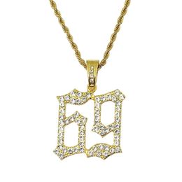 hip hop number 69 diamonds pendant necklaces for men golden silver alloy rhinestone luxury 6ix9ine necklace Cuban chain fashion je306K