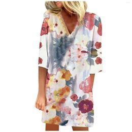 Casual Dresses 2023 Women Vintage Plus Size Sundress Holiday Vacation Style Half Sleeve Vestido V-Neck Printed Fashion Maxi Dress