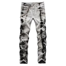 GINZOUS Men's Tie and Dyed Snow Washed Denim Jeans with Chain Streetwear Slim Stretch Pants Grey Black Trousers261q