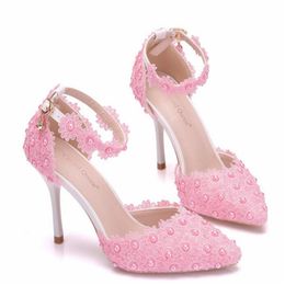 Elegant Pink White Lace Wedding Shoes For Bride Pearls party prom evening pumps Bridal Shoes Spool Heel Pointed Toe Beaded2256