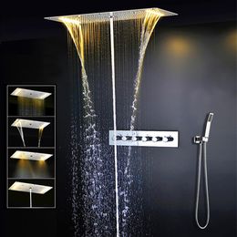 Bathroom Ceiling LED Shower Set Embedded Mounted Rainfall Waterfall Massage Big ShowerHead Panel Thermostatic Mixer Faucets207P