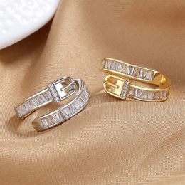New Crystal Bling Zircon Belt Buckle Rings Metal Adjustable Chain Ring Statement Finger Rings For Women Fashion Jewellery Gifts