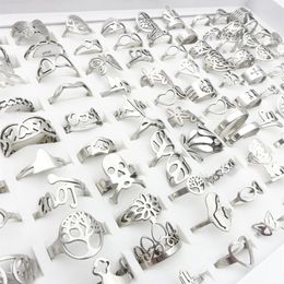 Whole 100pcs Lot Mens Womens Stainless Steel Band Rings Silver Laser Cut Patterns Hollow Carved Flowers Mix Styles Fashion Jew248t
