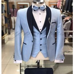 Light Blue Wedding Groom Tuxedos for Mens Suits Black Shawl Lapel One Button 3 Piece Suit Blazer Prom Suit Jackets Vest Pants B2396