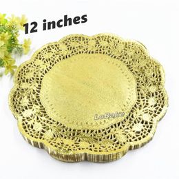 100 pieces pack New arrivals 12 inches gold colored round paper lace doilies cupcake bread placemats home dinner tableware3090