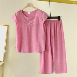 Women's Two Piece Pants Casual Women Lounge Suit Comfortable Sleepwear Middle-aged Mother's Embroidered Crop Top Wide Leg Set