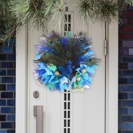 Decorative Flowers Artificial Peacock Feathers Wreath Round Simulated Feather Garland For Porch Mantle Outside Fireplace Party