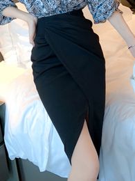 Skirts Black BUD Bodycon Pencil Skirt Folds High Waist Midi Lady Slim Slit Elegant Jupes Falad Saia Office Streetwear 230720
