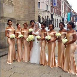 Rose Gold African Mermaid Bridesmaid Dresses 2018 Off the Shoulder Satin Bridesmaid Dress Plus Size Evening Party Gowns BA9985268g