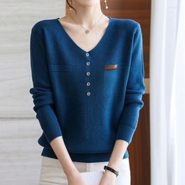 Women's Sweaters 2023 Autumn Winter Clothing Screw Thread Patchwork V-Neck Tops Jumpers Long Sleeve Knitted Casual Loose Commute