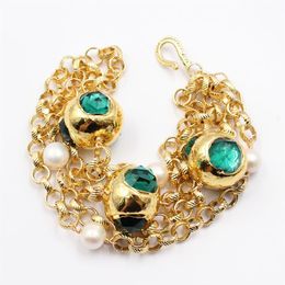 GuaiGuai Jewelry 4 Strands Natural White Pearl Green Crystal Gold Color Plated Beads Chain Bracelet Handmade For Women223W