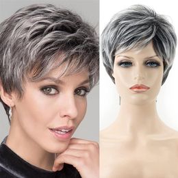 Short Blonde Wig Pixie Cut Natural Layered Synthetic Wig Dark Root Ombre Blond Wigs for White Women261U