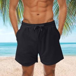 Men's Shorts Summer Hawaiian Fashion Trousers Casual Lace Up Style Loose Trunks Pure Color Beach Swimsuits With Double Pockets