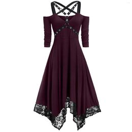 Casual Dresses Women Dress Halloween Fashion Solid Color Punk Midi Lace Spaghetti Strap Long Sleeve Gothic Cosplay Costume Witch