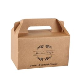 OEM DIY Custom Fast Food Printing Folding Food Grade Coffee Dessert Cake Packing Box Gable Portable Handle Brown Craft Paper Take 228n