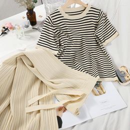 Women's Two Piece Pants Pieces Set Women Short Sleeve Pullover Stripe Sweater T Shirt Tops & Elastic High Waist Wide Leg Knitted Ladies Suit