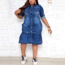 Plus size Dresses 4XL 5XL Plus Size Jeans Dress African Ladies Fashion Single Breasted Turn Down Collar Short Sleeve Mid Calf Elegant Office Dress 230720