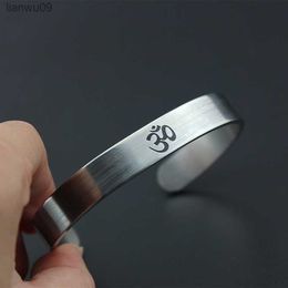 Stainless Steel OM Yoga Cuff Bangle for Men Women Silver color Hindu Buddhist Hinduism India Open Cuff Bracelet Punk Jewelry L230704