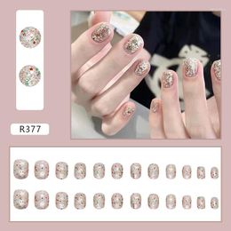 False Nails 24Pcs Flash Sequins Press On Flower Love Fake With Glue Gradient Pattern Graffiti Wearable Full Cover Nail Tips