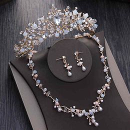 Noble Crystal Beads Pearl Gold Bridal Sets Rhinestone Diadem Tiaras Necklace Earrings Baroque Crown Wedding Jewelry Set235o