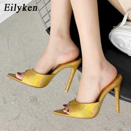 Sandals Eilyken Sexy Serpentine Pointed Toe Mule Thin Heels Slipper Women Stripper Summer Fashion Slip On Slides Party Sandal Shoes L230720