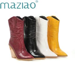 Boots White Black Yellow Faux Leather Cowboy Ankle Boots for Women Wedge High Heel Boots chunky Snake Print Western Cowgirl Boots 230719