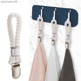4pcs Towel Clip Braided Cotton Loop Metal Rag Clamp Multipurpose Cloth Hanger for Home Bathroom Kitchen Storage Door Wall Hook L230704