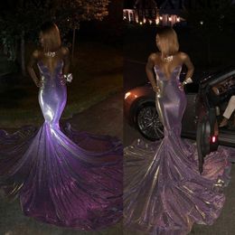 2022 Glitter Long Mermaid Black Girl Prom Dresses Off Shoulder Sweetheart Court Train Purple Sequin African Evening Formal Dress236w