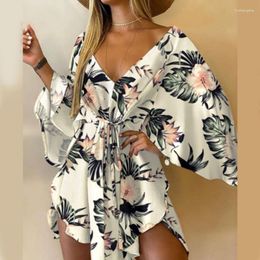 Casual Dresses 2023 Summer Beach Elegant Women Flared Sleeves Ladies Party Dress Sexy V Neck Floral Print