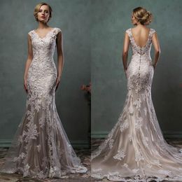 Vintage Amelia Sposa Lace Appliques Mermaid Wedding Dresses 2023 V-Neck Chapel Train Plus Size Bridal Party Gowns287H