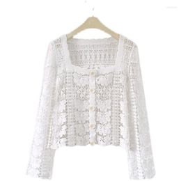 Women's T Shirts Hollow Sunscreen Cardigan Shirt Fashion Sexy Summer Lace Tops Korean Loose Long-sleeved Out Blouse