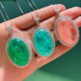 925 sterling silver 20 30mm Paraiba Tourmaline Emerald Pink Quartz Gemstone Pendant Necklace Fine Jewellery for Women272G