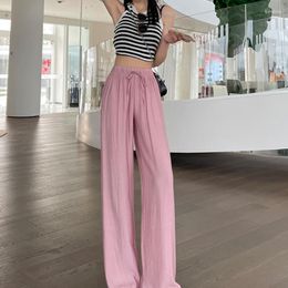 Women's Pants Pink Drawstring Sweatpants Fashion High Waist Straight Wide Leg Simplicity Baggy Bind Feet Trouser Ladies Autumn