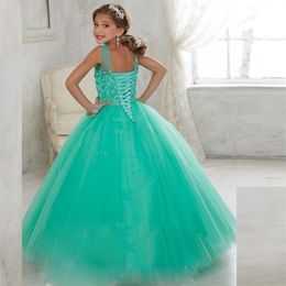 New 2019 Little Girls Pageant Dresses Princess Tulle Sheer Jewel Crystal Beading White Coral Kids Flower Girls Dress Birthday gown244m