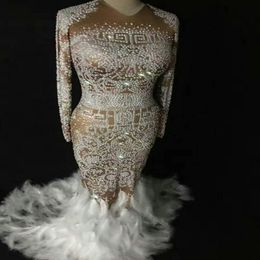 DJ Songbird Brilhante Strass Vestido Feather Nude Sexy Boate Full Stones Long Big Tail Dress Costume Prom Birthday Comemore 278a