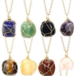 Pendant Necklaces Gold Sier Natural Stone Wire Winding Irregar Amethyst Rose Quartz Crystal Agate Jewellery Accessories Drop De Dhgarden Dhwf2