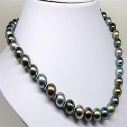 Hervorragende 18 8-9 mm natürliche Tahiti-Perlenkette mit echten schwarzen Multic-Rundperlen218N
