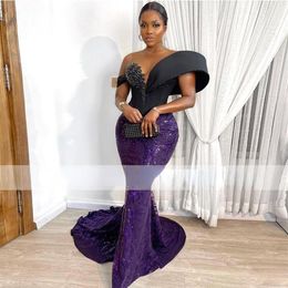 2022 Purple Prom Dress Mermaid Scoop Sequin vestiti cerimonia donna African Evening Dress Beads Prom Gowns248N